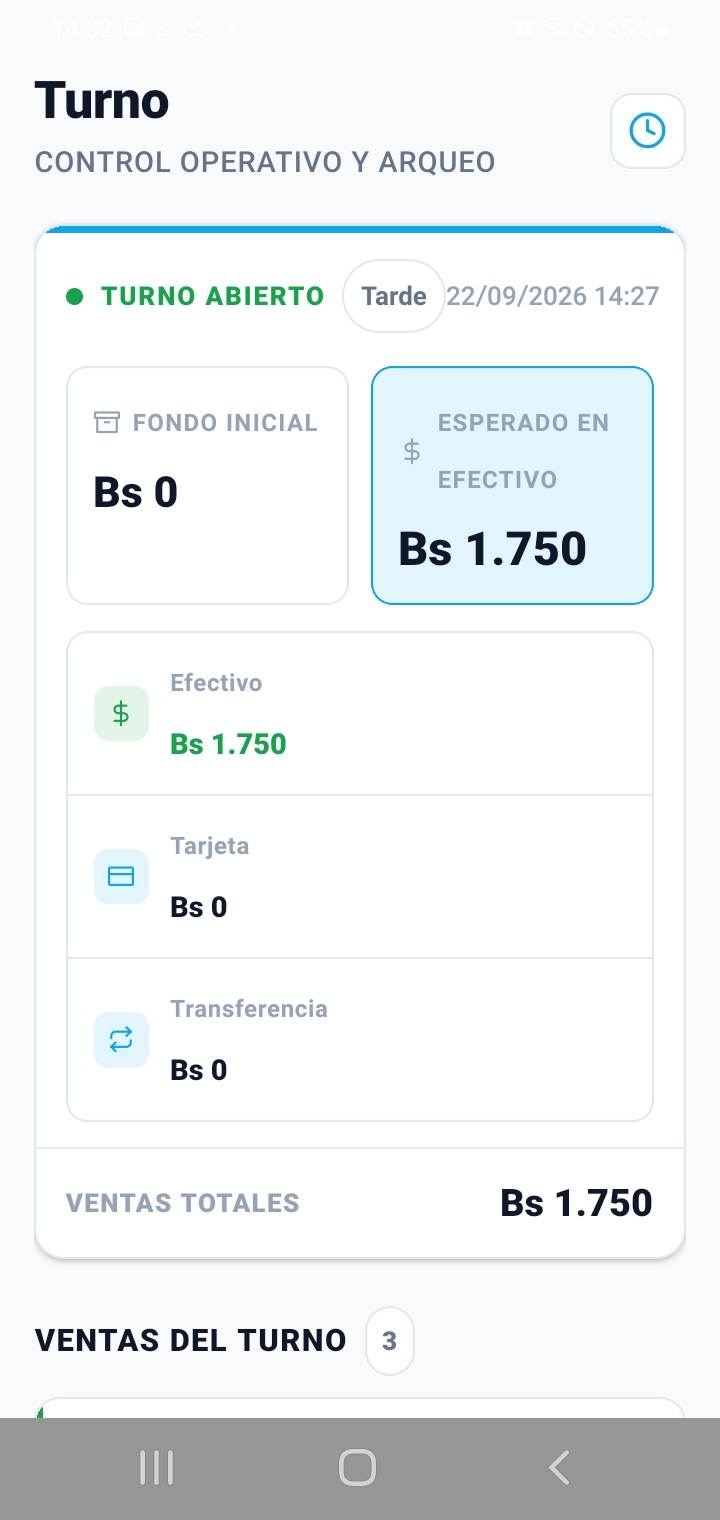 Captura del turno y arqueo de caja en tema Claro